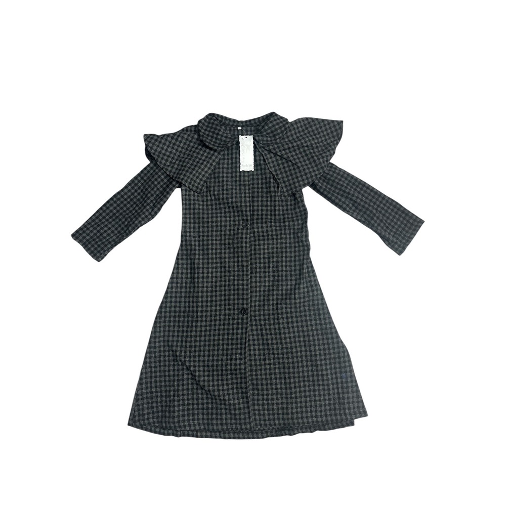 Kids Plaid Button Front Dress with Ruffle Collar Long Sleeve